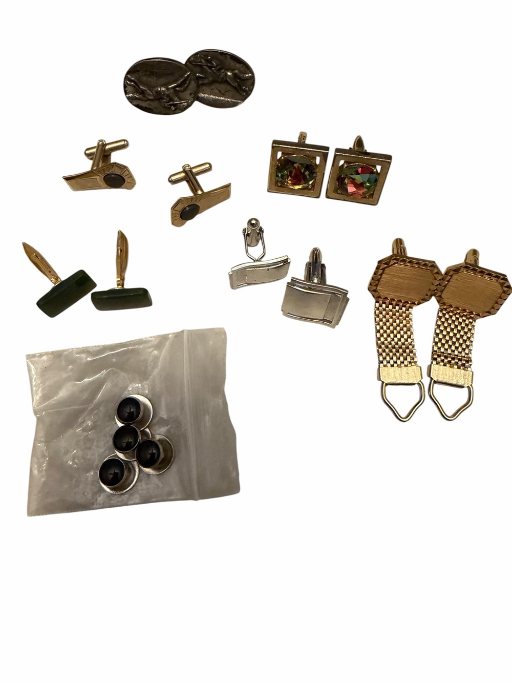 Vintage Cufflinks & Shirt Studs Lot 6pc Mid Century Art Deco Mesh Onyx Jade